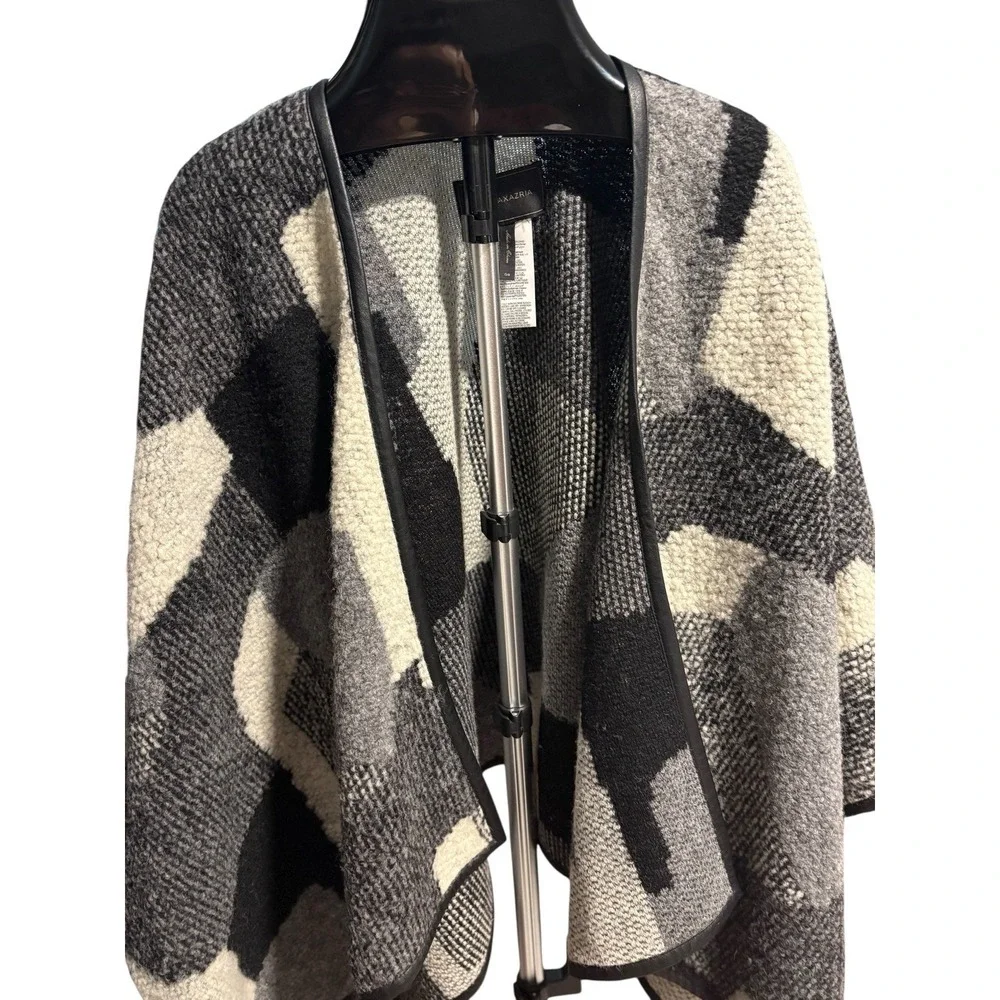 BCBG Maxazria Wool Blend Shawl Wrap Vegan Leather Trim Black White Grey One Size
